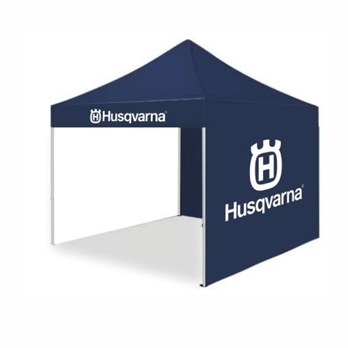 Tent wall 3x3 m, blue with white Husqvarna logo.